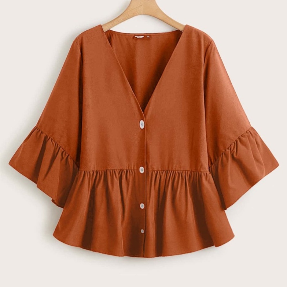 Shein Curve Orange ruffle button down top